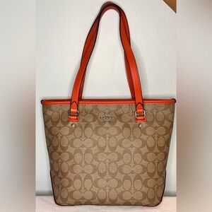 COACH Brown Signature Coated Canvas Shoulder Bag Zip Top Tote Orange Trim